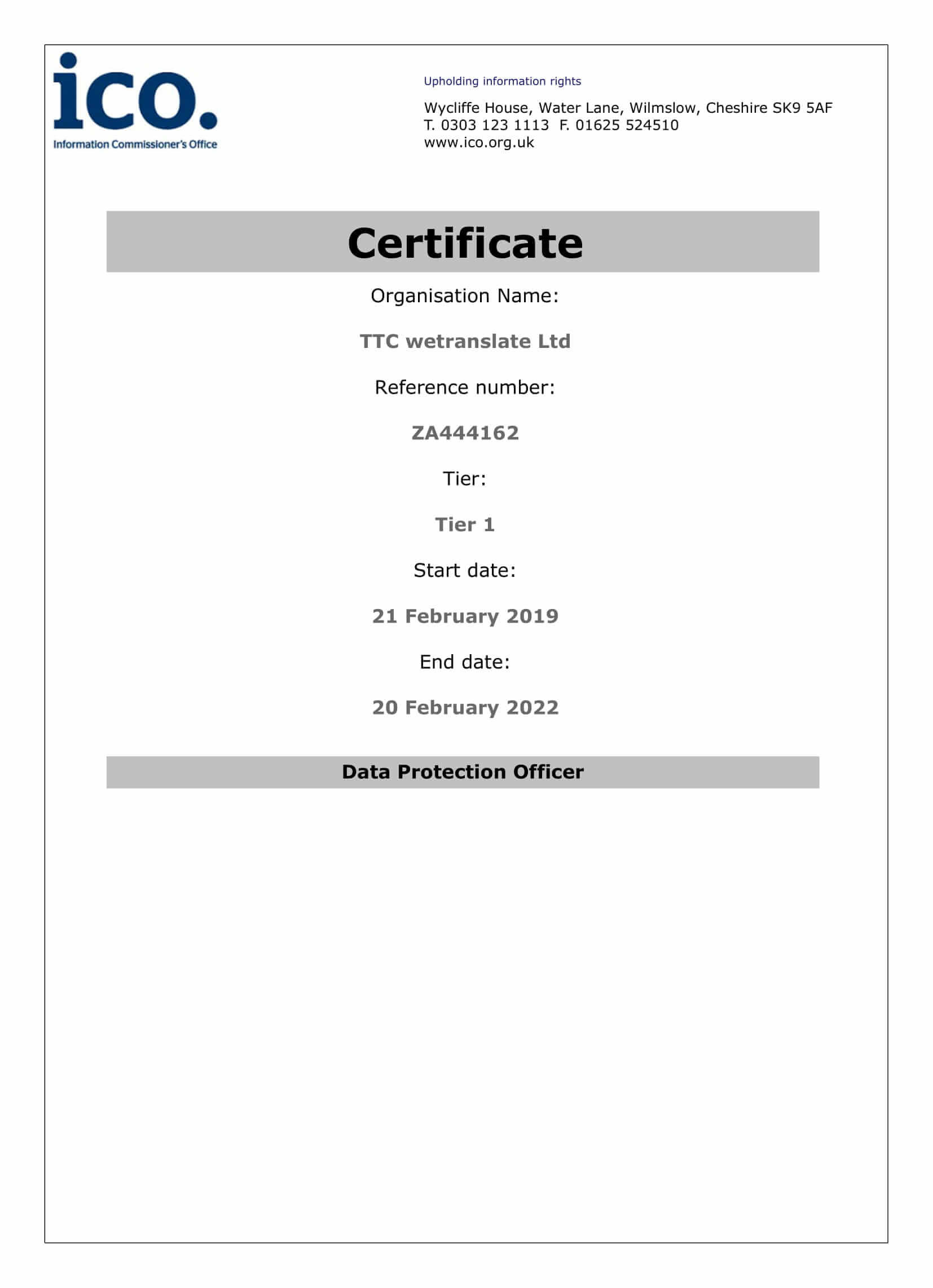 TTC wetranslate ICO Certificate